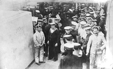 H.M.S. Hibernia - Band Concert.H.M.S. Hibernia completed in Jan 1907 at Devonport Dockyard (1 month after Dreadnaught, which made her obsolete from the start). (See yellow card for further details.) 	